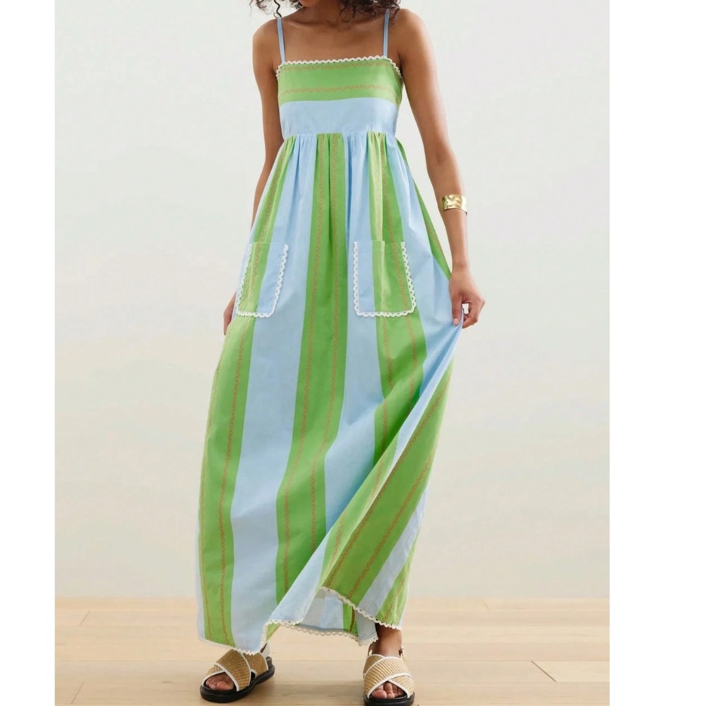 Boho Multicolor Pockets Color Block Cami Maxi Dress - Picture 2 of 5